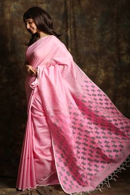 Baby pink woven matka silk saree with blouse 2