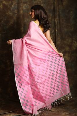 Baby pink woven matka silk saree with blouse 3