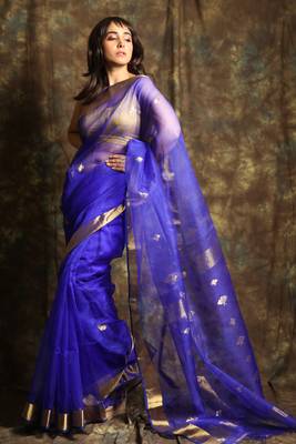 Blue woven silk saree with blouse 1