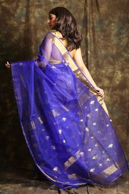 Blue woven silk saree with blouse 3