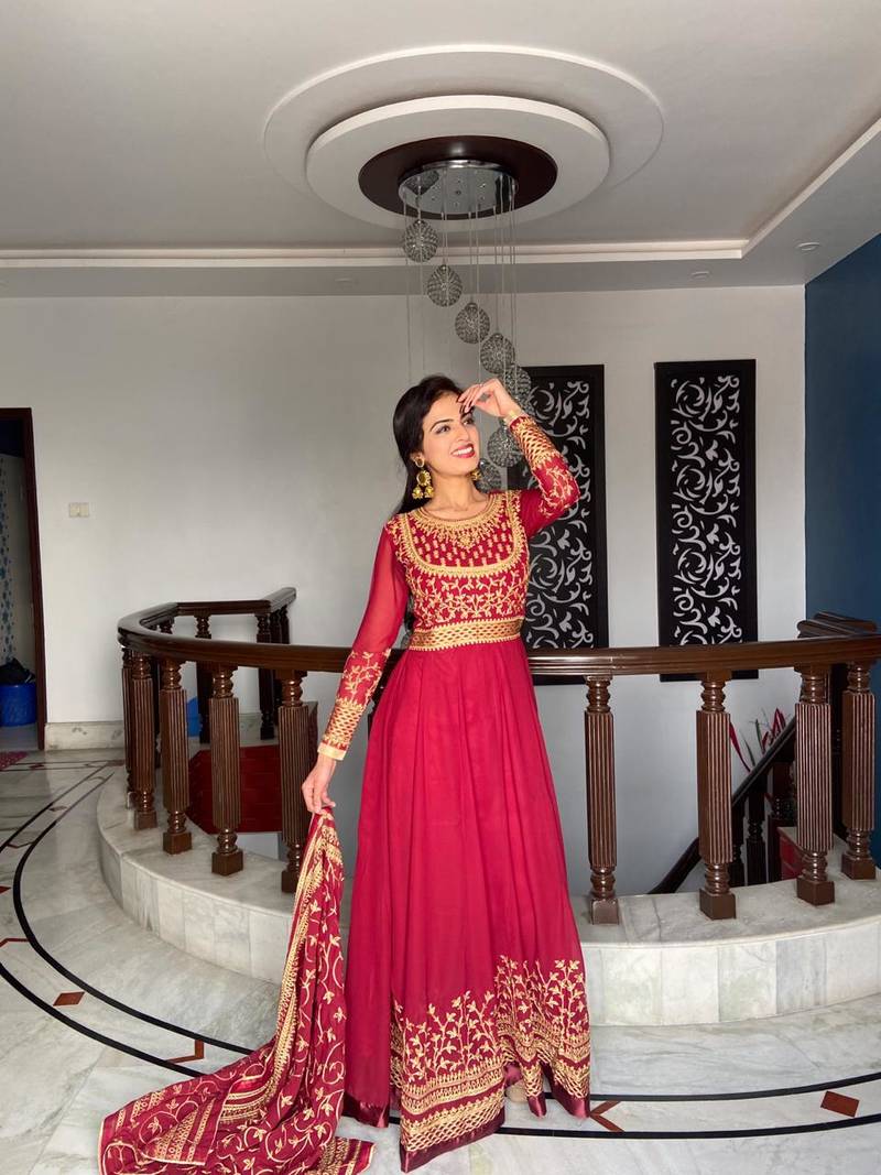 Maroon embroidered georgette anarkali  with dupatta