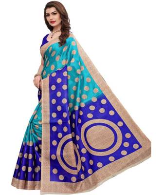 Blue Printed Art Silk Saree With Blouse 5