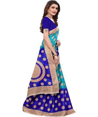 Blue Printed Art Silk Saree With Blouse 6