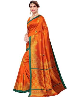 Orange Printed Art Silk Saree With Blouse 2