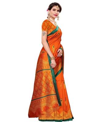 Orange Printed Art Silk Saree With Blouse 3