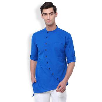 Svanik Blue Blended Solid Men's Asymmetric Kurta 1