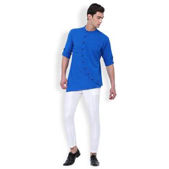 Svanik Blue Blended Solid Men's Asymmetric Kurta 2