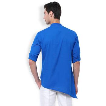 Svanik Blue Blended Solid Men's Asymmetric Kurta 3