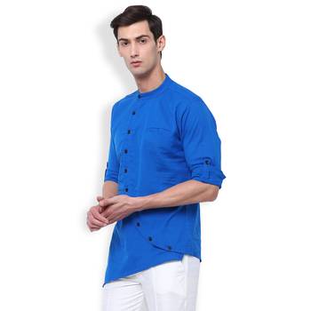 Svanik Blue Blended Solid Men's Asymmetric Kurta 4