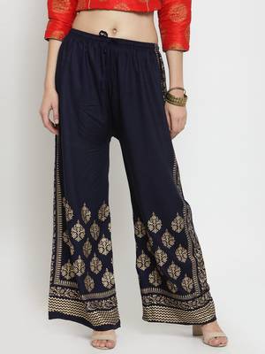 Navy-blue printed rayon palazzo-pants 1