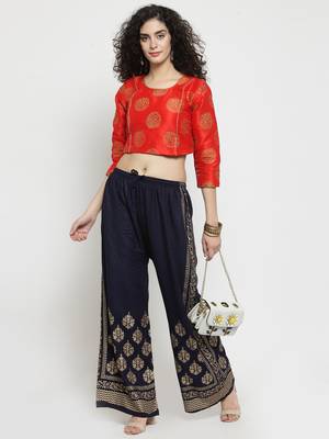 Navy-blue printed rayon palazzo-pants 2