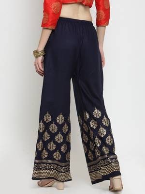 Navy-blue printed rayon palazzo-pants 4