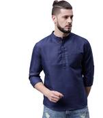 Svanik Navy Blue Blended Solid Men's Casual Short Kurta