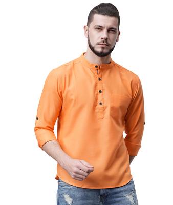 Svanik Orange Blended Solid Men's Casual Short Kurta 1