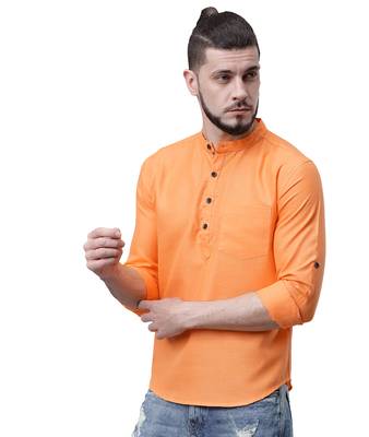 Svanik Orange Blended Solid Men's Casual Short Kurta 2