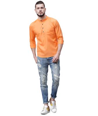 Svanik Orange Blended Solid Men's Casual Short Kurta 5