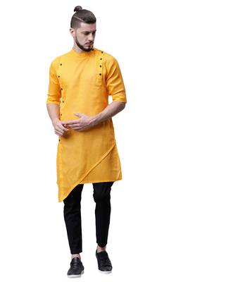 Svanik Yellow Blended Solid Men's Asymmetric Kurta 1