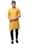 Svanik Yellow Blended Solid Men's Asymmetric Kurta