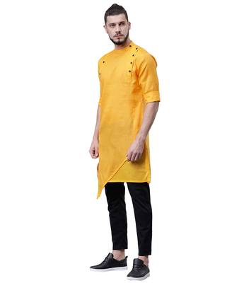 Svanik Yellow Blended Solid Men's Asymmetric Kurta 2