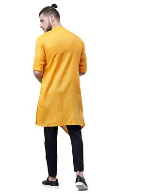 Svanik Yellow Blended Solid Men's Asymmetric Kurta 3