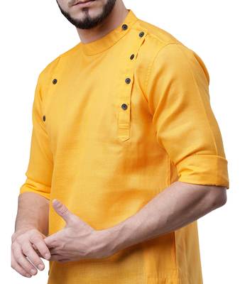 Svanik Yellow Blended Solid Men's Asymmetric Kurta 4