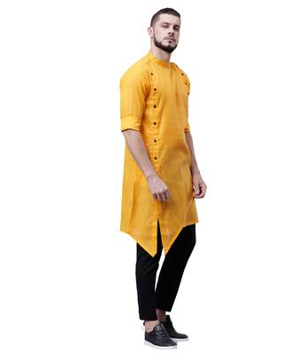 Svanik Yellow Blended Solid Men's Asymmetric Kurta 5