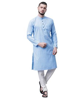 Svanik Blue Blended Solid Men's Classic Knee Length Kurta 1