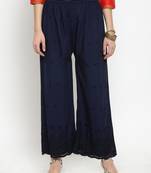 Navy-blue embroidered rayon palazzo-pants