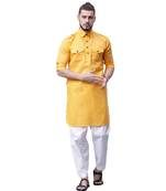 Svanik Yellow Blended Solid Men's Fashion Pathani Kurta