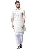 Svanik Cream Blended Solid Men's Fashion Pathani Kurta