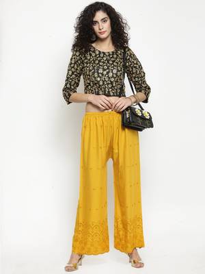 Mustard embroidered rayon palazzo-pants 2