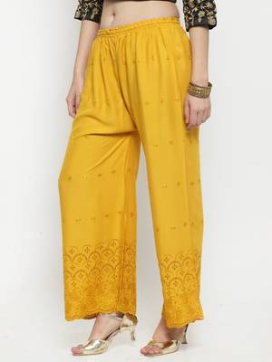 Mustard embroidered rayon palazzo-pants 3