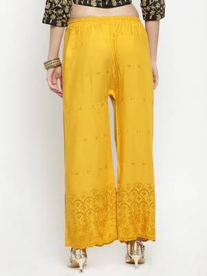 Mustard embroidered rayon palazzo-pants 4