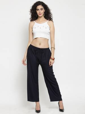 Navy-blue plain rayon palazzo-pants 2