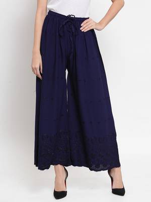 Navy-blue embroidered rayon palazzo-pants 1