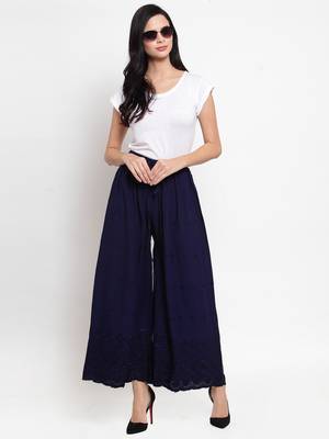 Navy-blue embroidered rayon palazzo-pants 2