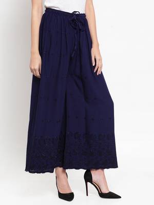 Navy-blue embroidered rayon palazzo-pants 3
