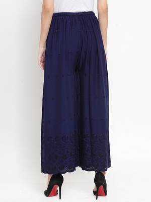 Navy-blue embroidered rayon palazzo-pants 4