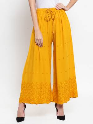 Mustard embroidered rayon palazzo-pants 1