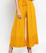 Mustard embroidered rayon palazzo-pants