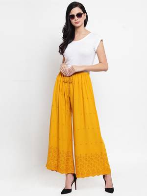 Mustard embroidered rayon palazzo-pants 2