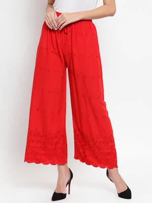 Red embroidered rayon palazzo-pants 1