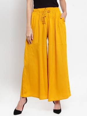 Mustard embroidered rayon palazzo-pants 1