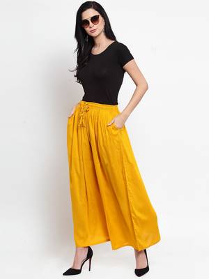 Mustard embroidered rayon palazzo-pants 2