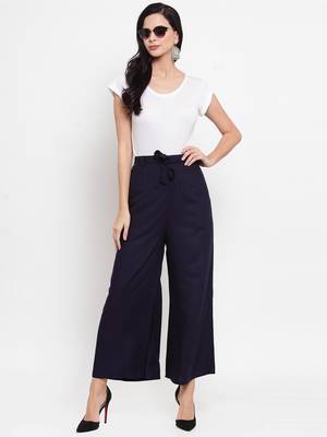 Navy-blue plain rayon palazzo-pants 2
