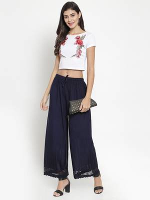 Navy-blue plain rayon palazzo-pants 2