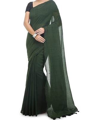 Bottle Green Weaving Work Cotton Handloom Saree With blouse peice 1