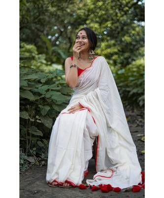 White Weaving Work Cotton Handloom Saree With blouse piece 1