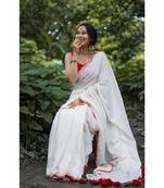 White Weaving Work Cotton Handloom Saree With blouse piece