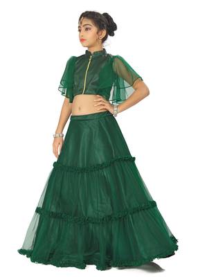 Kids Green Net With Satin Lehenga Choli For Girls  2